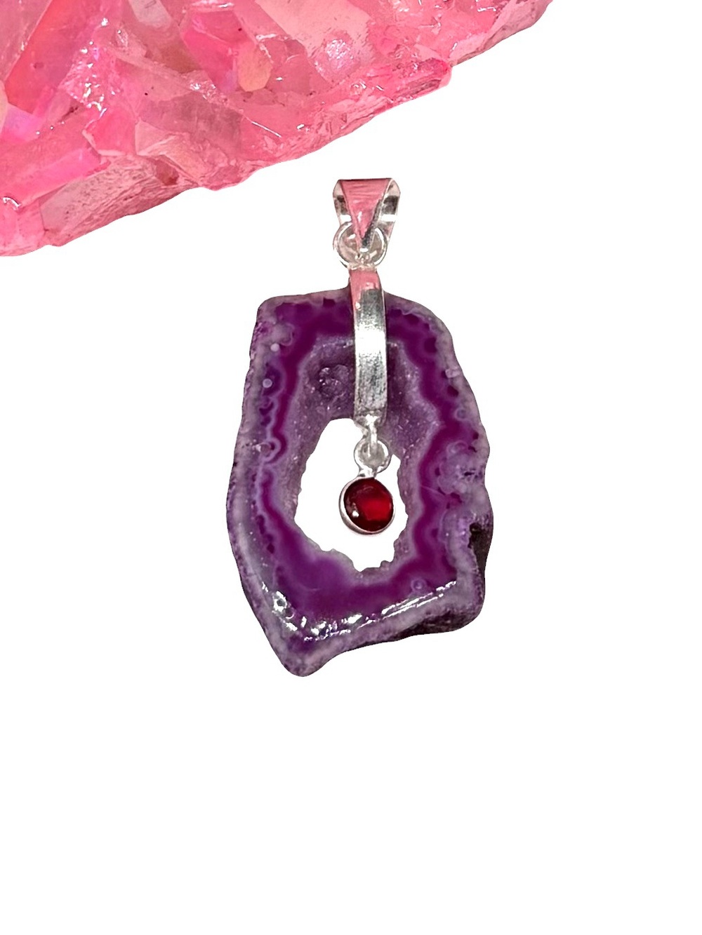 Pink Botswana Agate Druzy Slice Necklace Pendant 925 Sterling Silver Overlay
